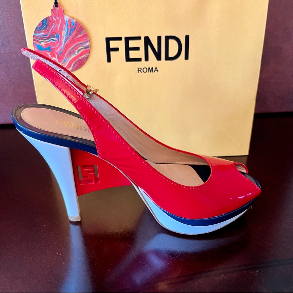 Fendi Women's Red White and Blue Slingback Heels. Runway, Limited Rare. 37.5